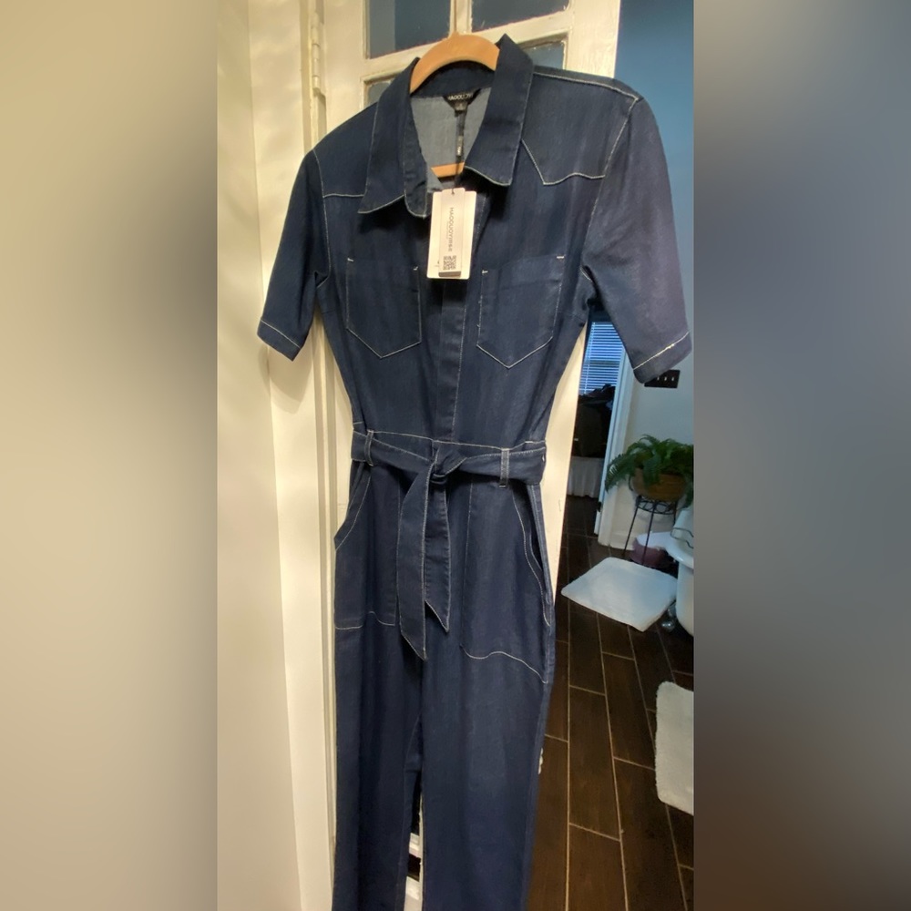 NWT Dark blue denim with white stitching jumpsuit with removable belt.